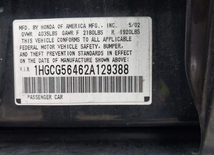 Photo 9 of 2002 Honda Accord 2.3 LX (VIN 1HGCG56462A129388)