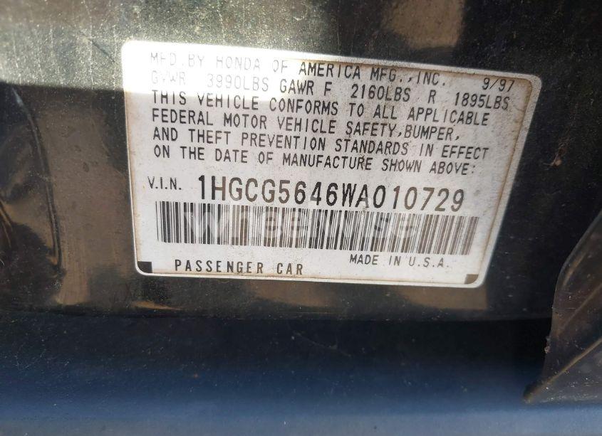 Photo 9 of 1998 Honda Accord LX (VIN 1HGCG5646WA010729)