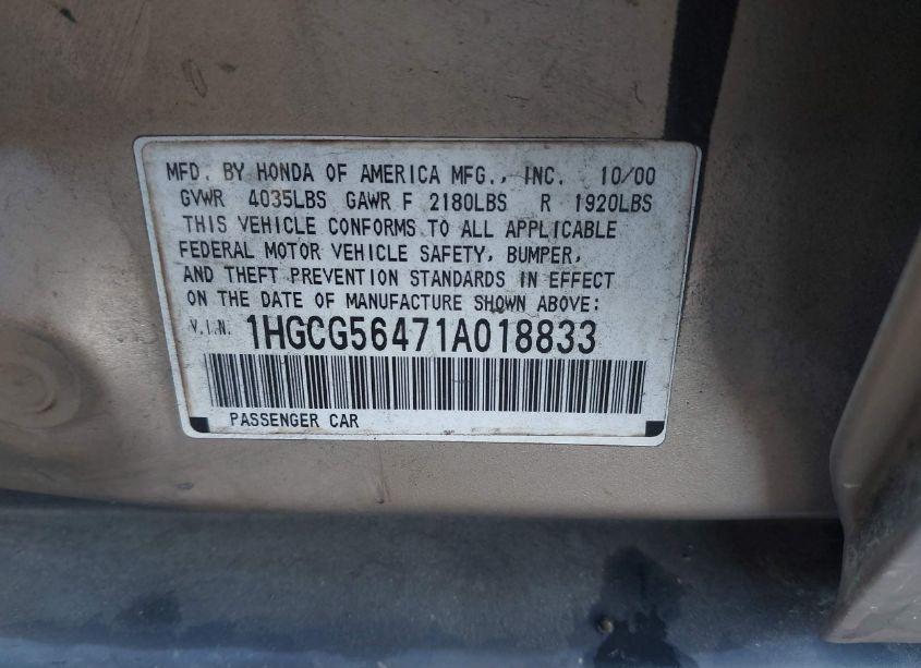 Photo 9 of 2001 Honda Accord 2.3 LX (VIN 1HGCG56471A018833)