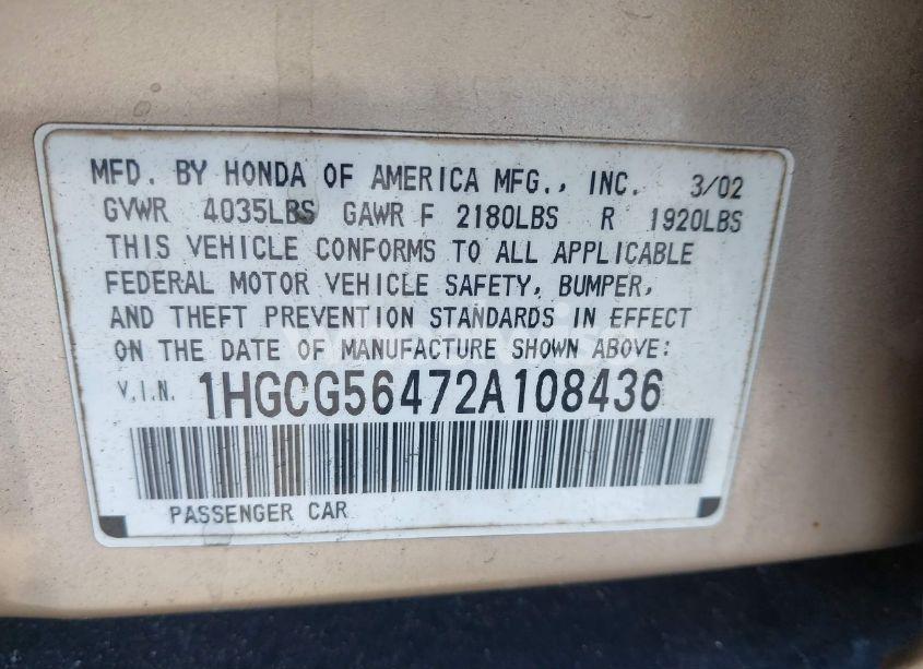 Photo 9 of 2002 Honda Accord 2.3 LX (VIN 1HGCG56472A108436)