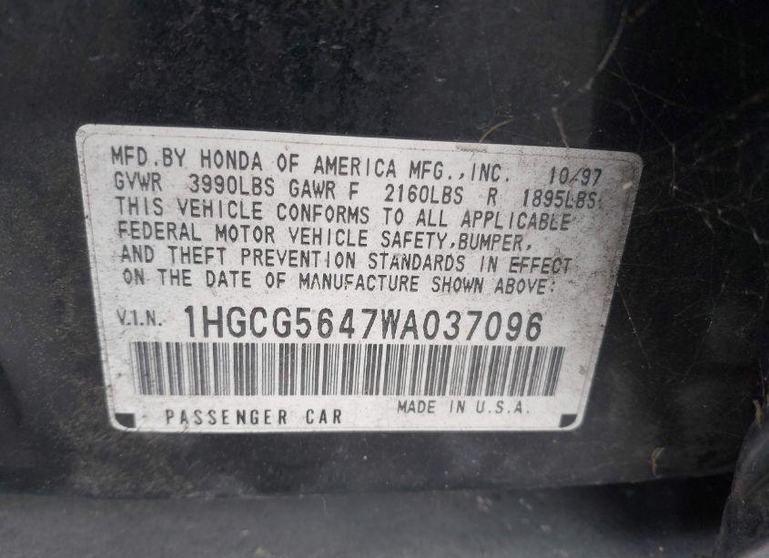 Photo 9 of 1998 Honda Accord SDN LX (VIN 1HGCG5647WA037096)