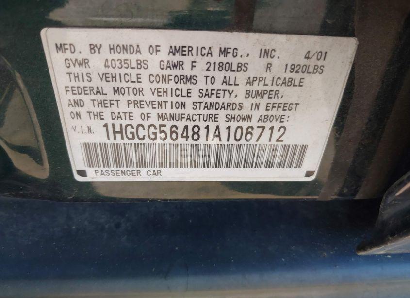 Photo 9 of 2001 Honda Accord 2.3 LX (VIN 1HGCG56481A106712)