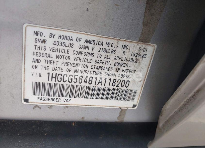 Photo 9 of 2001 Honda Accord 2.3 LX (VIN 1HGCG56481A118200)