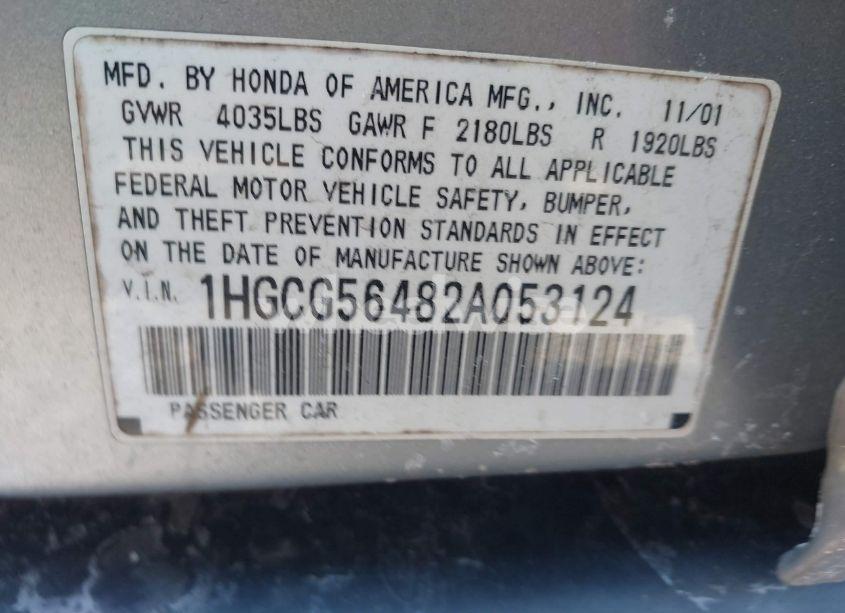 Photo 9 of 2002 Honda Accord 2.3 LX (VIN 1HGCG56482A053124)