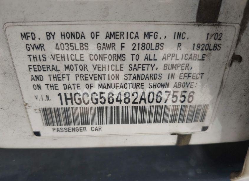 Photo 9 of 2002 Honda Accord 2.3 LX (VIN 1HGCG56482A067556)