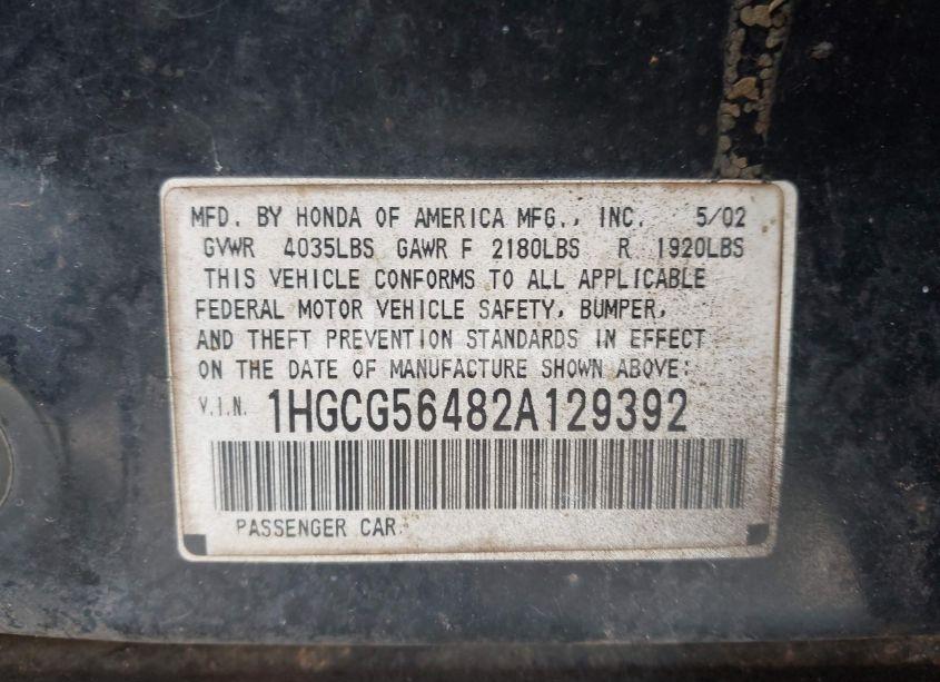 Photo 9 of 2002 Honda Accord 2.3 LX (VIN 1HGCG56482A129392)