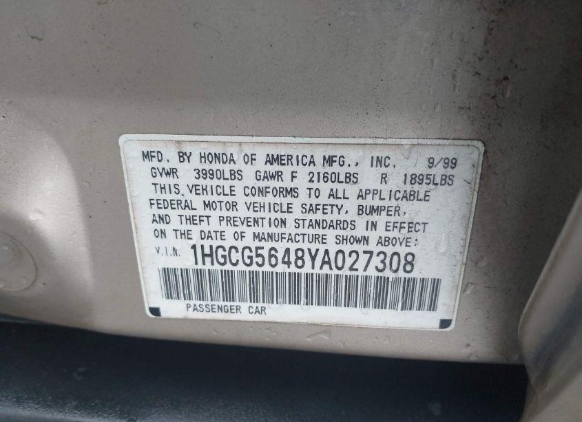 Photo 9 of 2000 Honda Accord 2.3 LX (VIN 1HGCG5648YA027308)