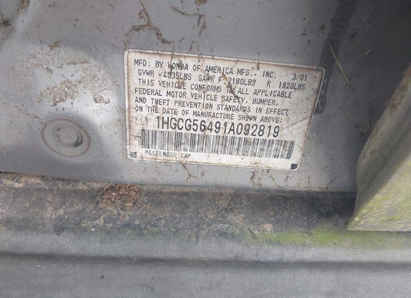Photo 9 of 2001 Honda Accord 2.3 LX (VIN 1HGCG56491A092819)