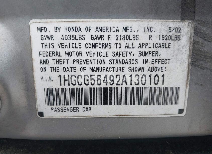 Photo 9 of 2002 Honda Accord 2.3 LX (VIN 1HGCG56492A130101)