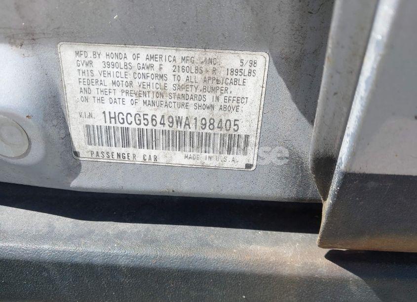 Photo 9 of 1998 Honda Accord LX (VIN 1HGCG5649WA198405)