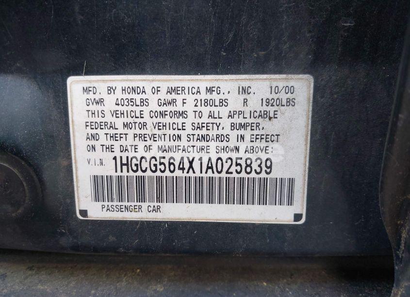 Photo 9 of 2001 Honda Accord 2.3 LX (VIN 1HGCG564X1A025839)