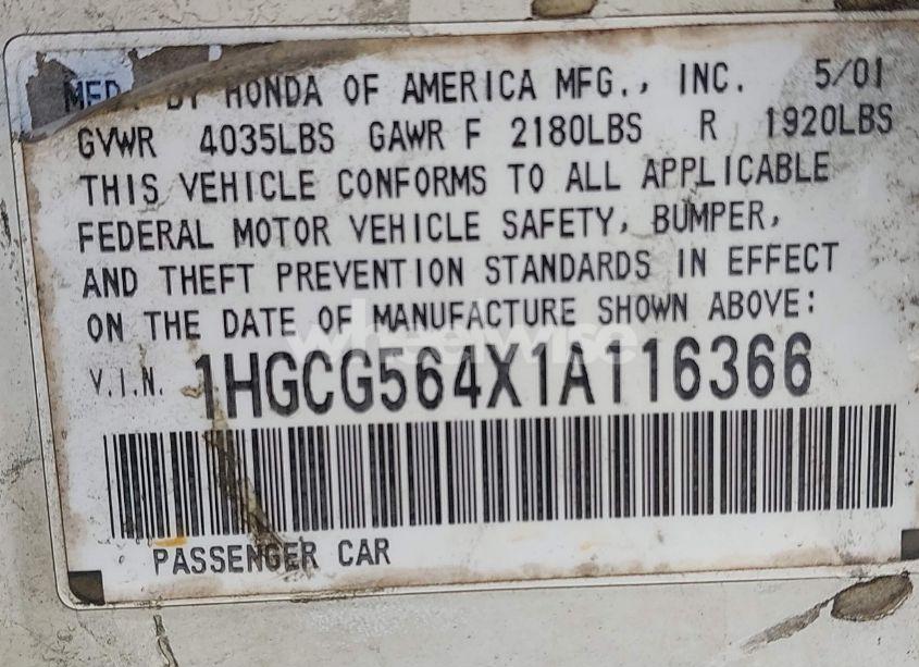 Photo 9 of 2001 Honda Accord 2.3 LX (VIN 1HGCG564X1A116366)