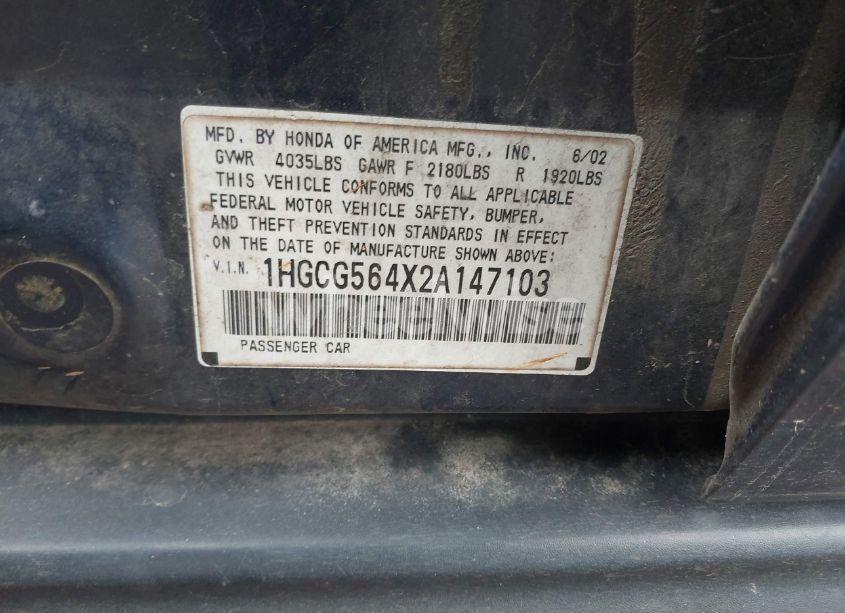 Photo 9 of 2002 Honda Accord 2.3 LX (VIN 1HGCG564X2A147103)