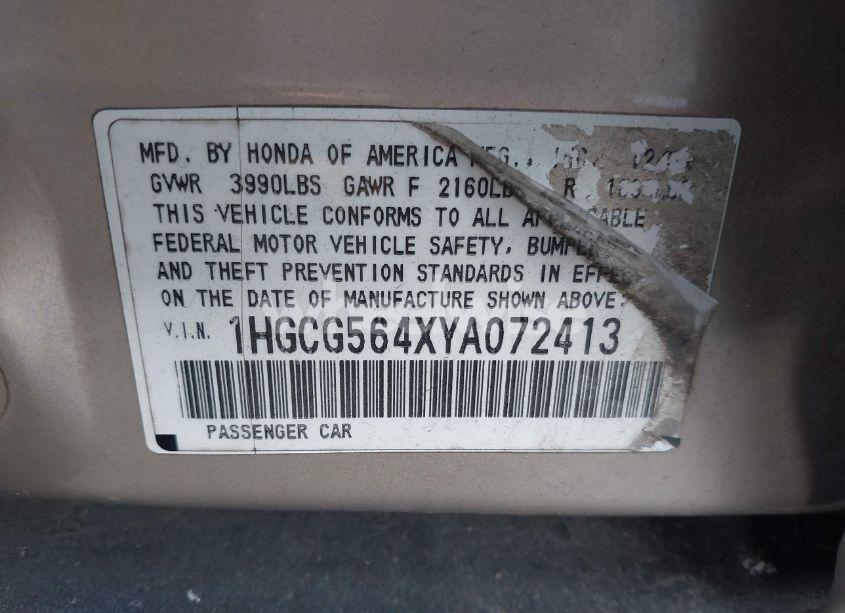 Photo 9 of 2000 Honda Accord 2.3 LX (VIN 1HGCG564XYA072413)