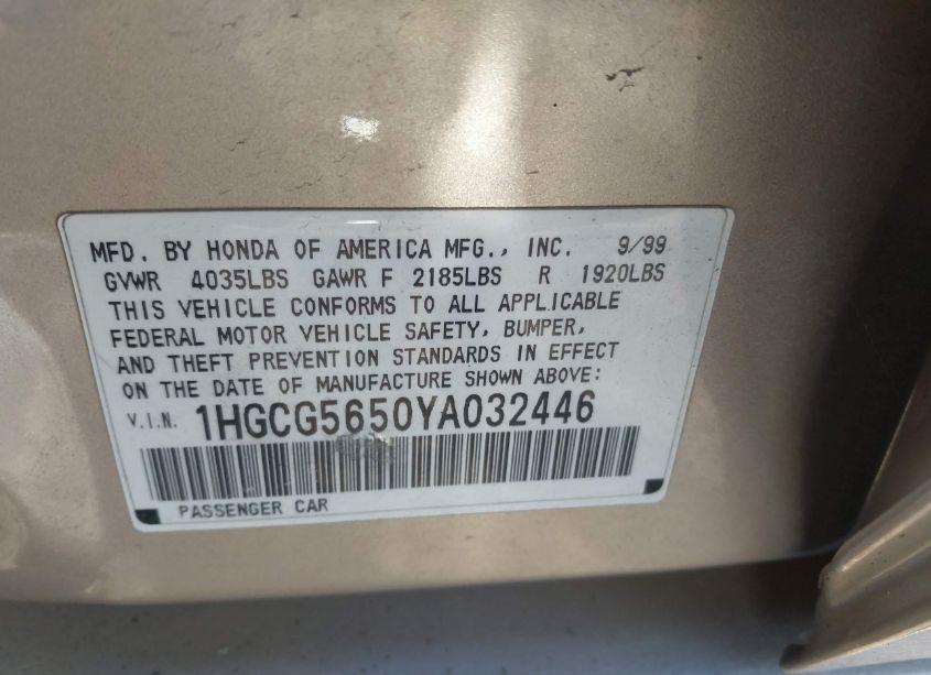 Photo 9 of 2000 Honda Accord 2.3 EX (VIN 1HGCG5650YA032446)