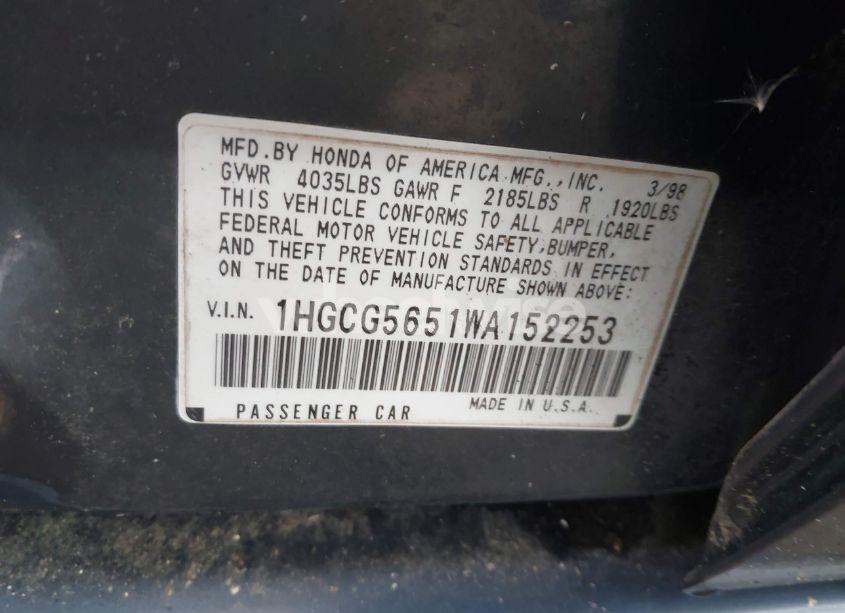 Photo 9 of 1998 Honda Accord EX (VIN 1HGCG5651WA152253)