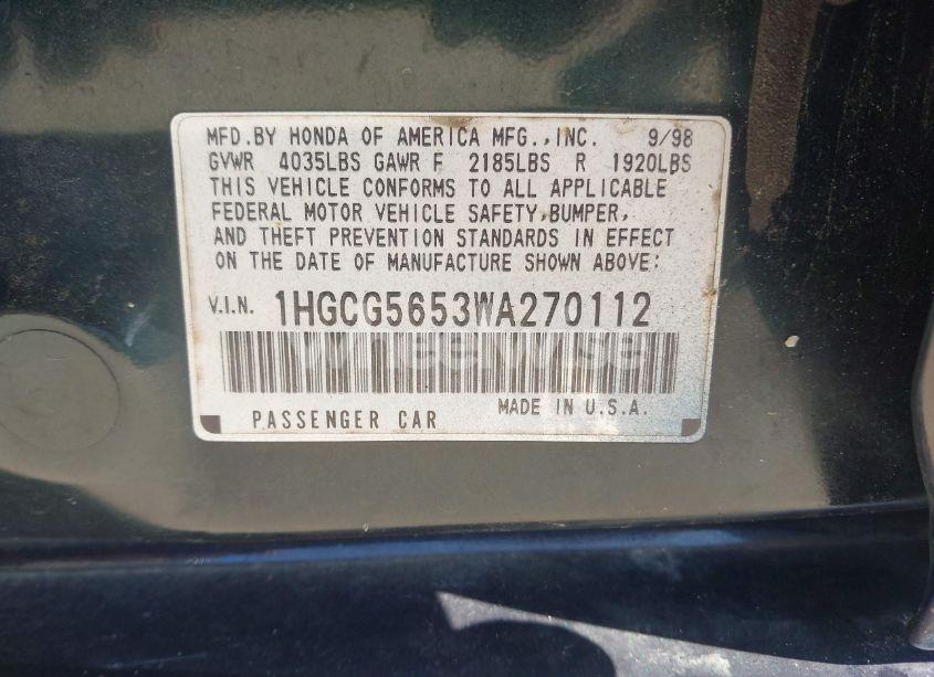 Photo 9 of 1998 Honda Accord EX (VIN 1HGCG5653WA270112)