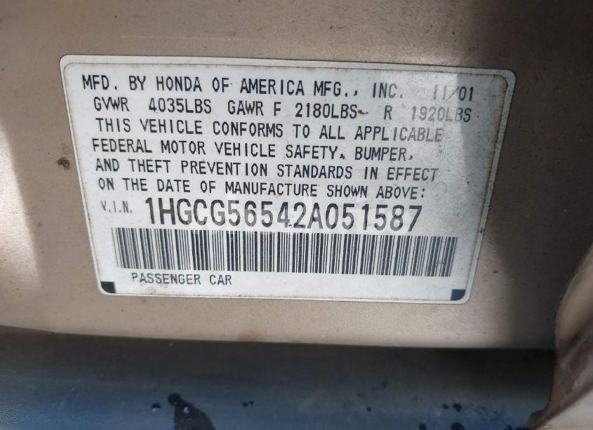 Photo 9 of 2002 Honda Accord 2.3 LX (VIN 1HGCG56542A051587)