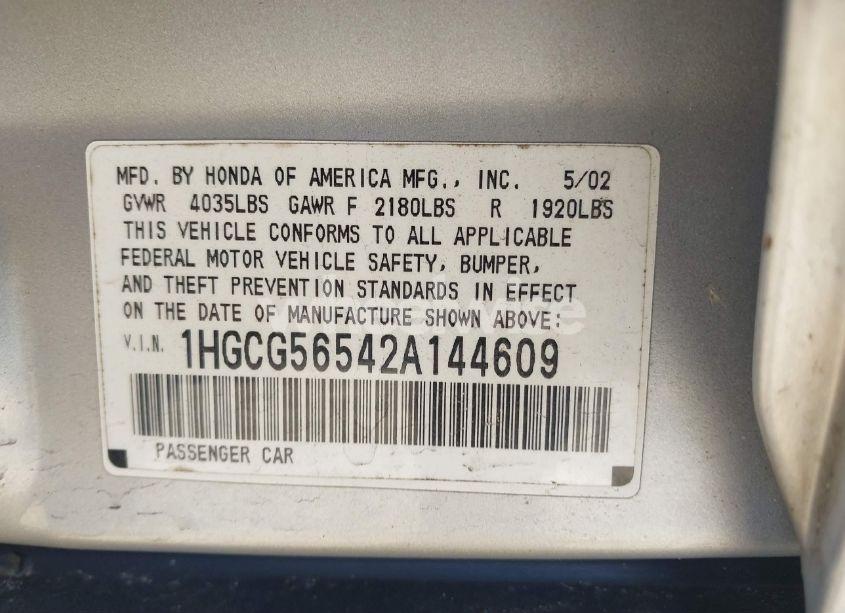 Photo 9 of 2002 Honda Accord 2.3 LX (VIN 1HGCG56542A144609)