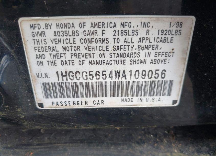 Photo 9 of 1998 Honda Accord EX (VIN 1HGCG5654WA109056)