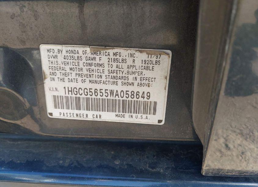 Photo 9 of 1998 Honda Accord EX (VIN 1HGCG5655WA058649)