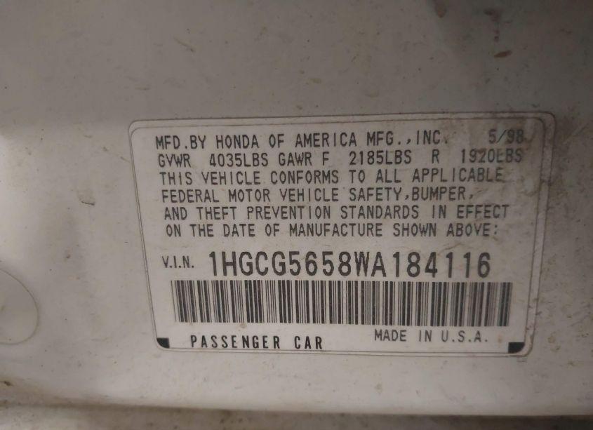 Photo 9 of 1998 Honda Accord EX (VIN 1HGCG5658WA184116)