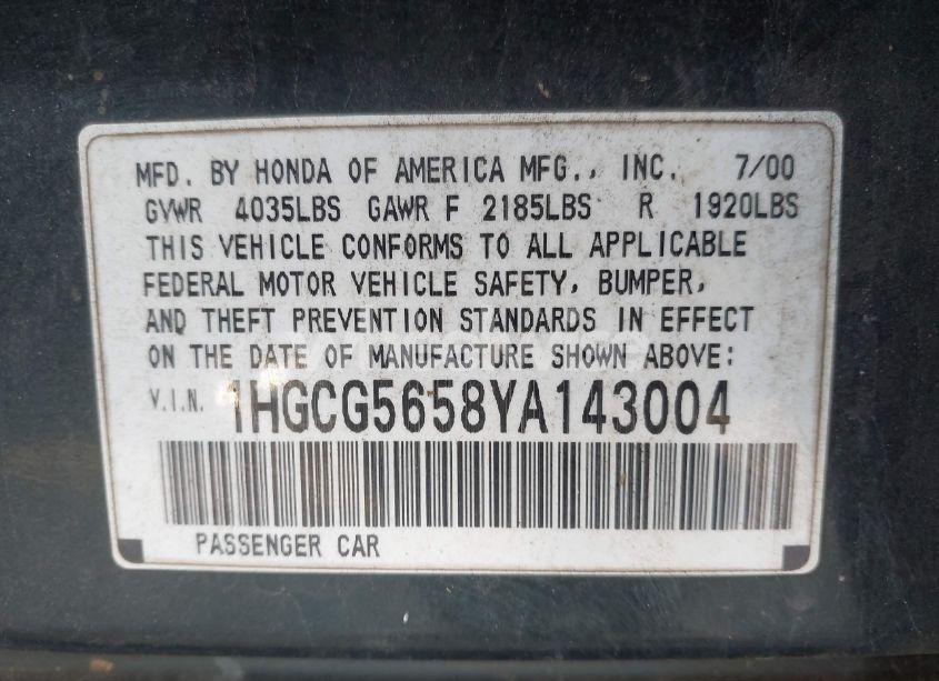 Photo 9 of 2000 Honda Accord 2.3 EX (VIN 1HGCG5658YA143004)