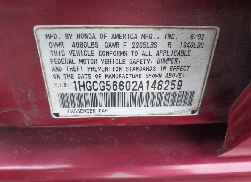 Photo 9 of 2002 Honda Accord 2.3 EX (VIN 1HGCG56602A148259)
