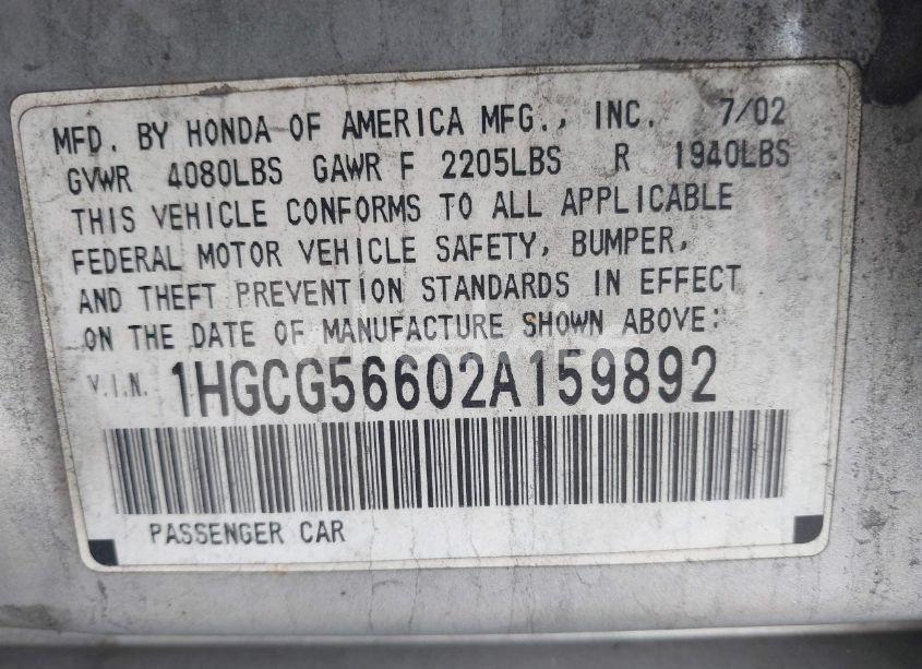 Photo 9 of 2002 Honda Accord 2.3 EX (VIN 1HGCG56602A159892)