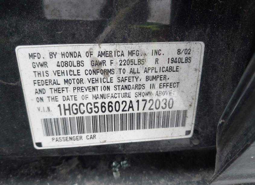 Photo 9 of 2002 Honda Accord 2.3 EX (VIN 1HGCG56602A172030)