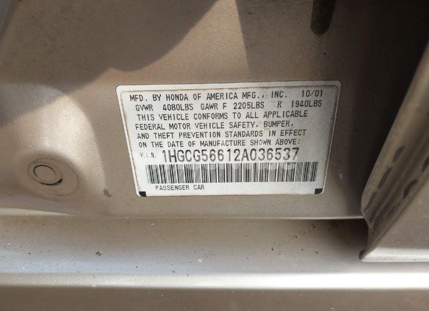 Photo 9 of 2002 Honda Accord 2.3 EX (VIN 1HGCG56612A036537)