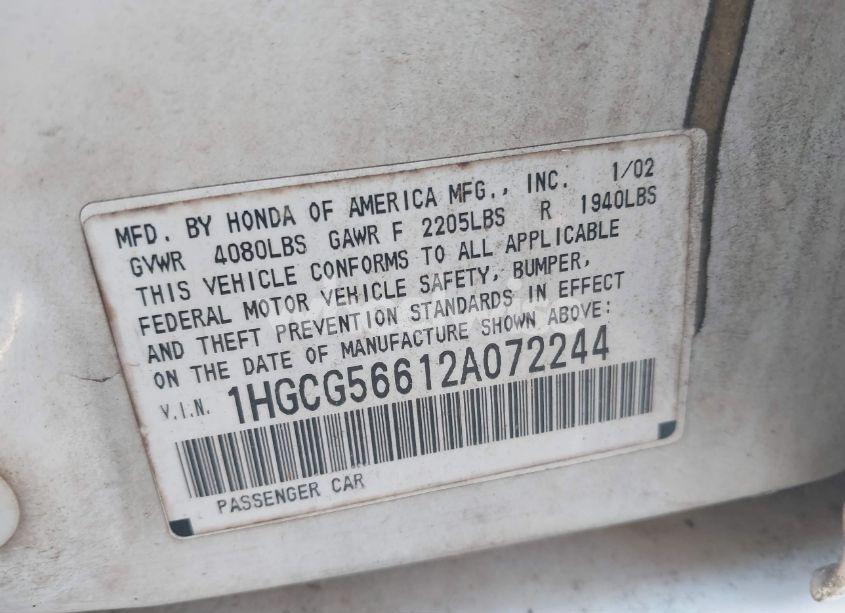 Photo 9 of 2002 Honda Accord 2.3 EX (VIN 1HGCG56612A072244)