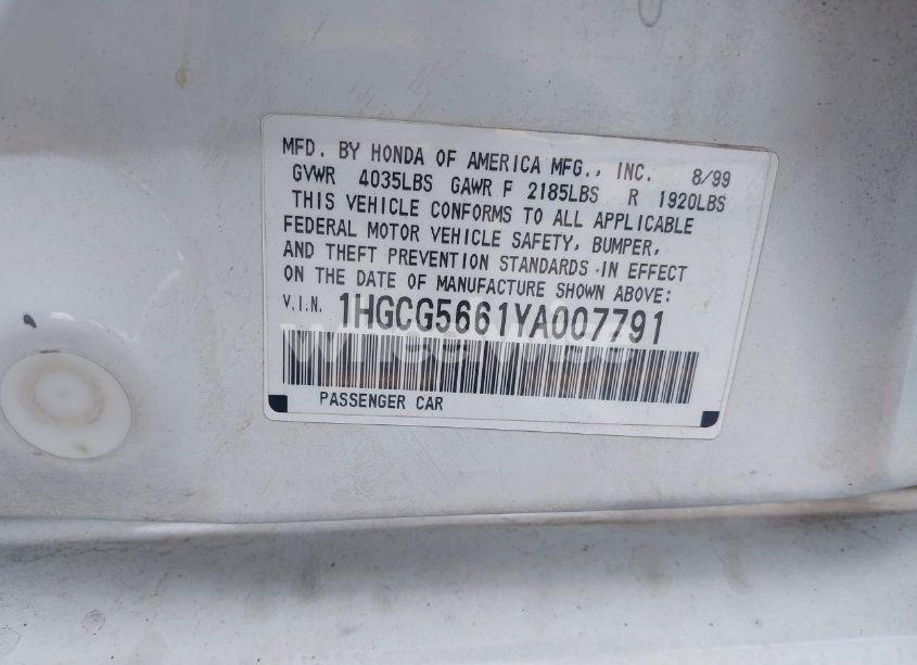 Photo 9 of 2000 Honda Accord 2.3 EX (VIN 1HGCG5661YA007791)