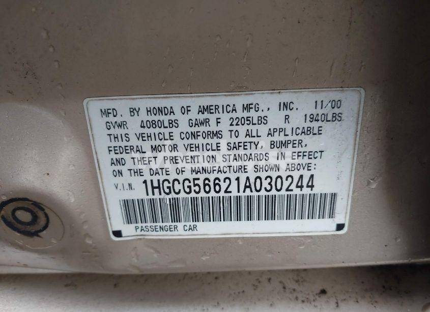 Photo 9 of 2001 Honda Accord 2.3 EX (VIN 1HGCG56621A030244)