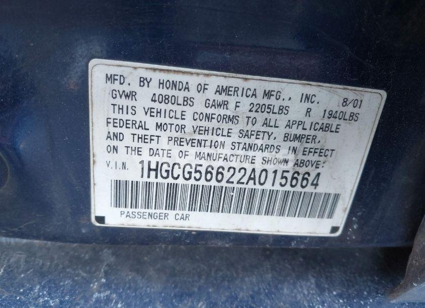 Photo 9 of 2002 Honda Accord 2.3 EX (VIN 1HGCG56622A015664)