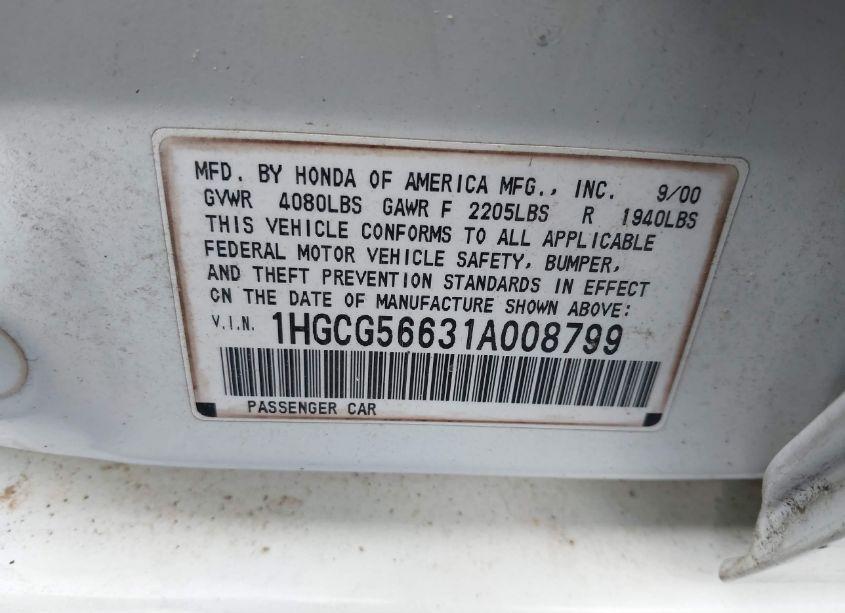 Photo 9 of 2001 Honda Accord 2.3 EX (VIN 1HGCG56631A008799)