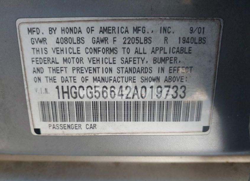 Photo 9 of 2002 Honda Accord SDN (VIN 1HGCG56642A019733)
