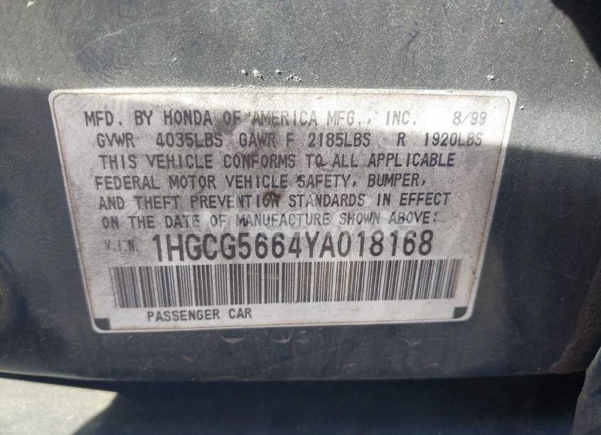 Photo 9 of 2000 Honda Accord 2.3 EX (VIN 1HGCG5664YA018168)