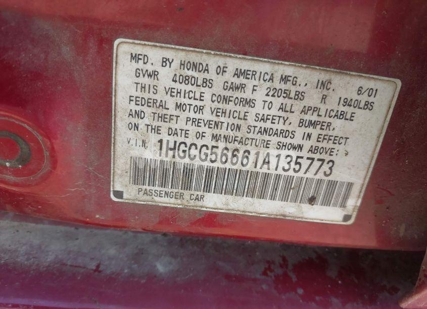 Photo 9 of 2001 Honda Accord 2.3 EX (VIN 1HGCG56661A135773)