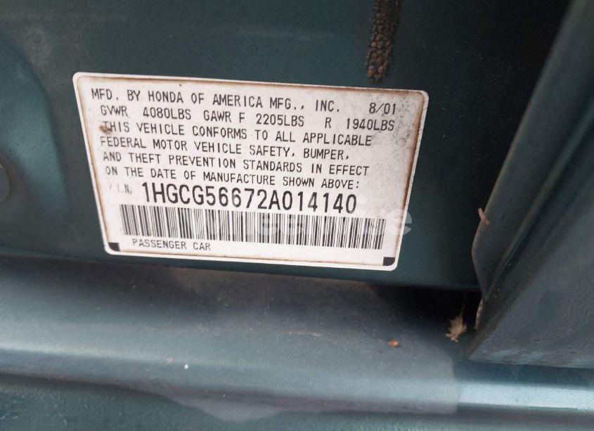 Photo 9 of 2002 Honda Accord 2.3 EX (VIN 1HGCG56672A014140)