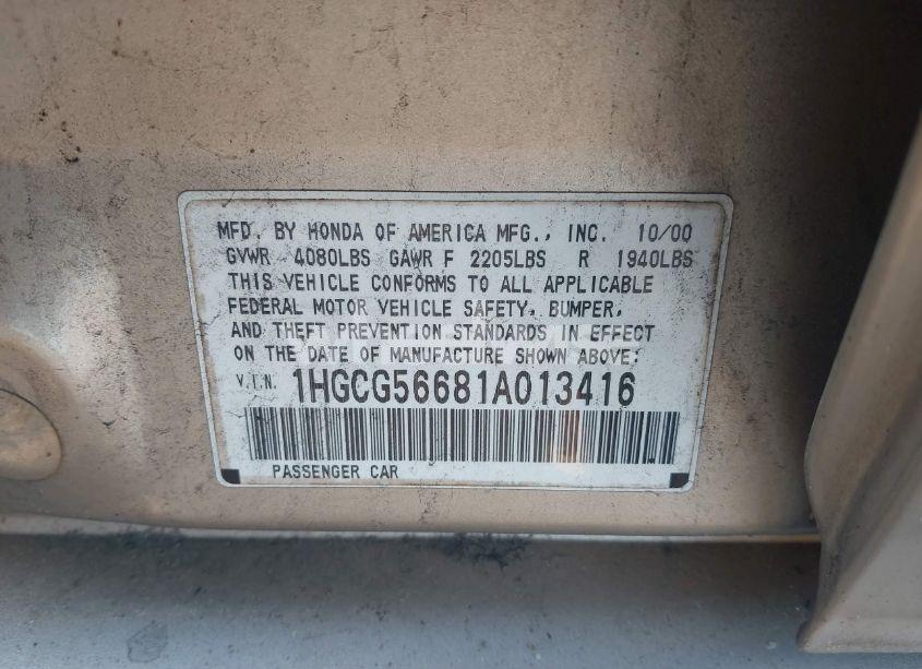 Photo 9 of 2001 Honda Accord 2.3 EX (VIN 1HGCG56681A013416)