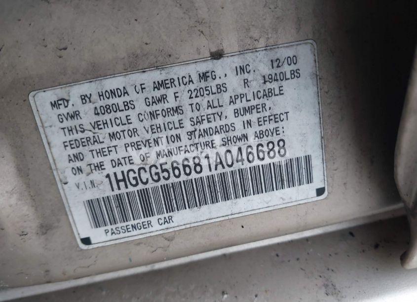 Photo 9 of 2001 Honda Accord 2.3 EX (VIN 1HGCG56681A046688)