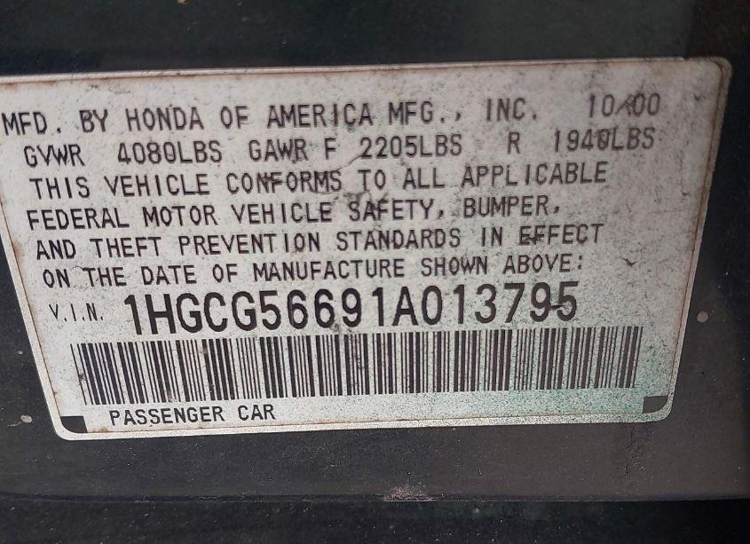 Photo 9 of 2001 Honda Accord 2.3 EX (VIN 1HGCG56691A013795)