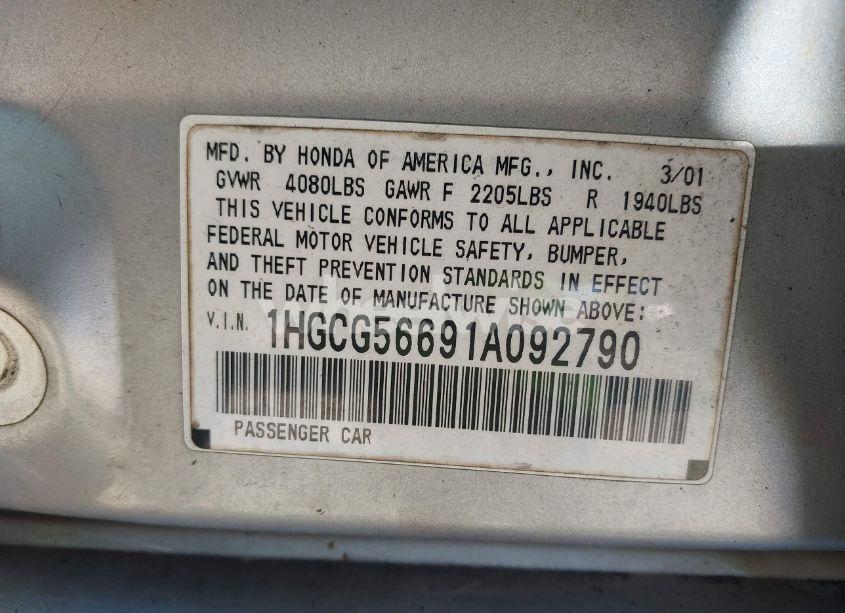 Photo 9 of 2001 Honda Accord 2.3 EX (VIN 1HGCG56691A092790)