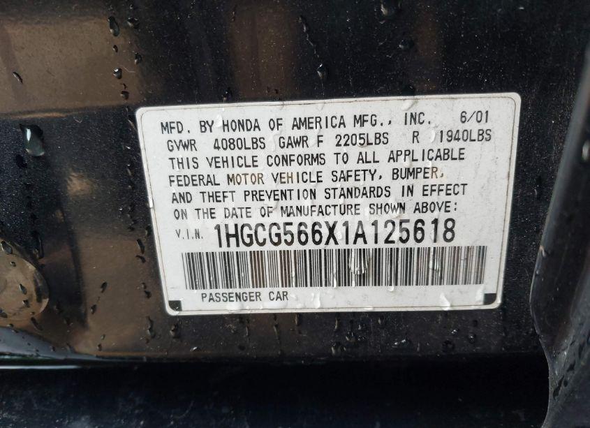 Photo 9 of 2001 Honda Accord 2.3 EX (VIN 1HGCG566X1A125618)