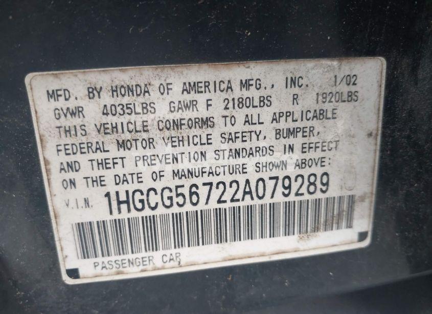 Photo 9 of 2002 Honda Accord 2.3 SE (VIN 1HGCG56722A079289)