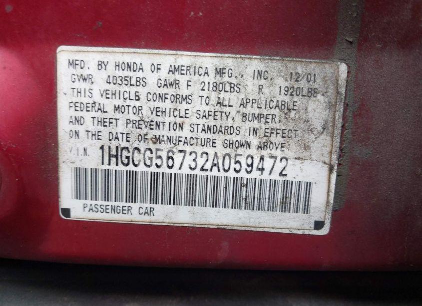 Photo 9 of 2002 Honda Accord 2.3 SE (VIN 1HGCG56732A059472)