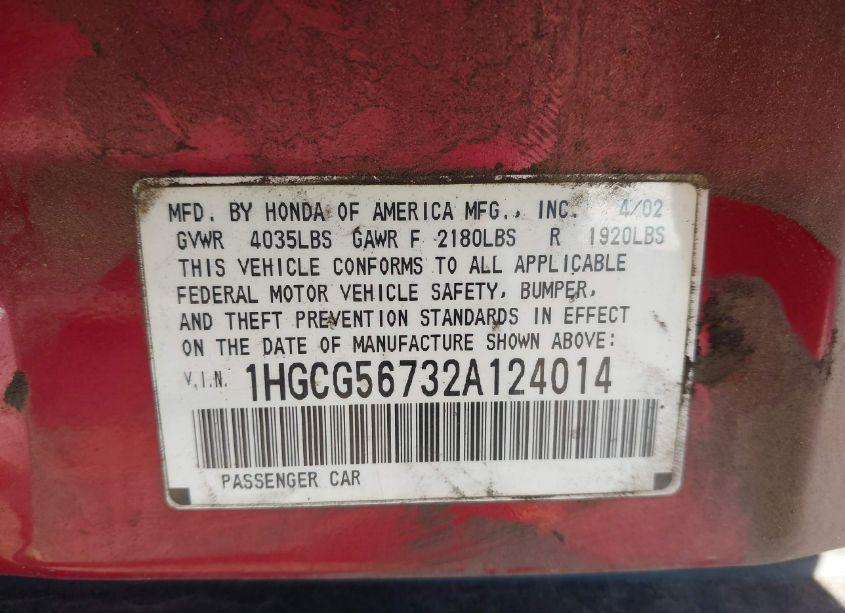 Photo 9 of 2002 Honda Accord 2.3 SE (VIN 1HGCG56732A124014)