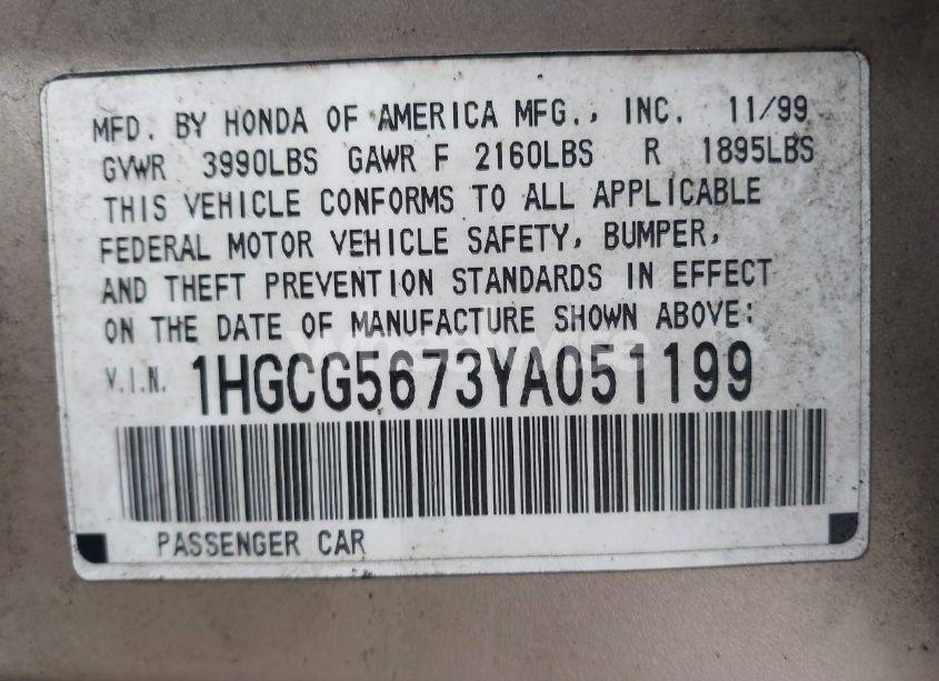 Photo 9 of 2000 Honda Accord 2.3 SE (VIN 1HGCG5673YA051199)