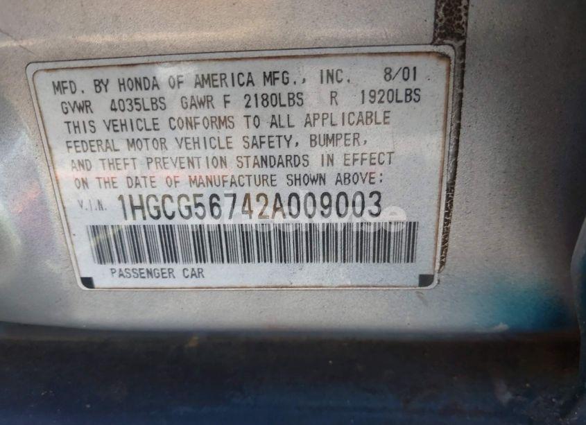 Photo 9 of 2002 Honda Accord 2.3 SE (VIN 1HGCG56742A009003)